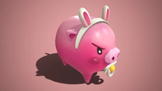 反差萌  粉红猪存钱罐  怒脸  兔耳发箍  色调柔和  可爱  搞怪趣味  实体摆件