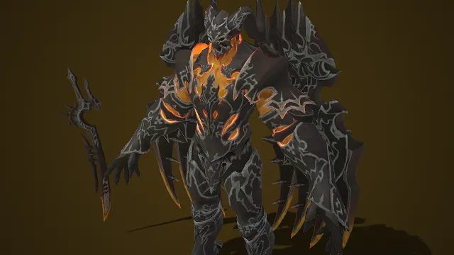 黑曜炎魔战甲  熔岩纹路  尖刺魔躯  邪刃武器  炼狱破坏者  3D 角色模型  终极 BOSS