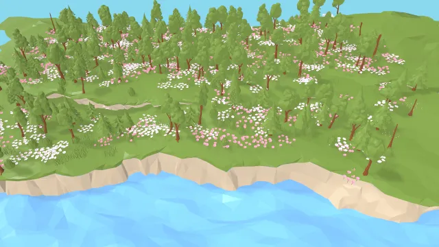 低多边形森林树木河流场景