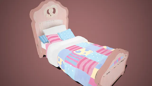 童趣风格  单人床  木质  心形雕花装饰  温馨治愈  床具  粉色