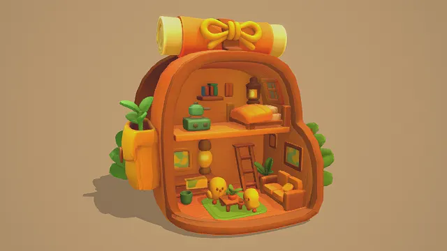 3D卡通风背包屋模型，创意设计（3D场景、卡通风格、可爱治愈，童趣主题，场景元素）