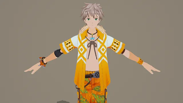 3D卡通风格橙黄系夏日少年角色模型，创意设计（3D角色、卡通风格、夏日风，角色设计主题，物品元素）