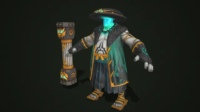 暗黑风格  邪术  壮汉  幽冥蓝光  黑绿蛇纹长袍  符文  重型武器  木屐战靴  暗黑角色形象