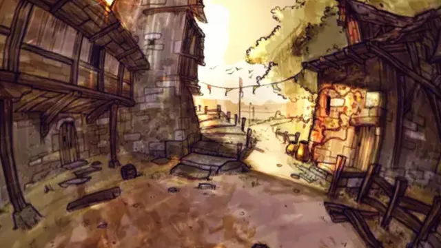 插画风格3D复古小镇街道场景模型，创意设计（插画风格小镇街道、石砌建筑、木质结构、老旧街道、旗帜装饰、树木植被）