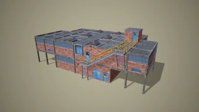 带附属楼红砖工业风厂房 3D 低多边形场景模型