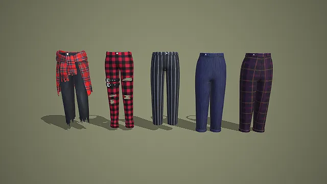 格纹破洞裤与条纹西装裤多风格下装组合 3D 模型