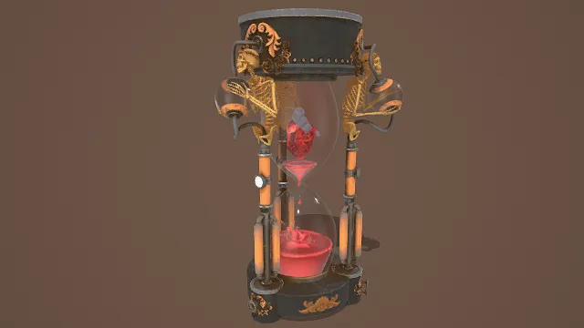 3D卡通风格黑橙红系心脏沙漏装置模型，创意设计（3D沙漏、卡通风格、卡通蒸汽朋克风，沙漏设计主题）