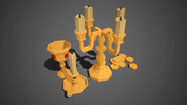 低多边形  装饰摆件  复古  烛台  宝石装饰  圣杯  金币堆  欧式仪式器具  华丽