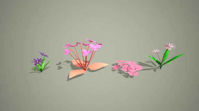 卡通低模多色花草植物 3D 模型套装 游戏场景装饰素材