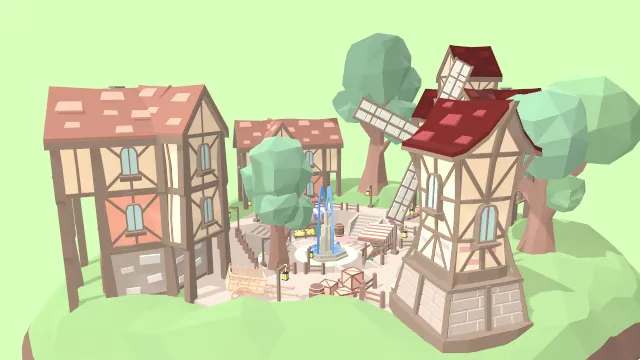 低多边形中世纪广场场景建筑树木