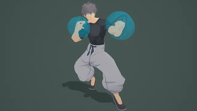 3D卡通风格黑白带蓝系战斗角色模型，创意设计（3D角色、卡通风格、奇幻风，角色设计主题）