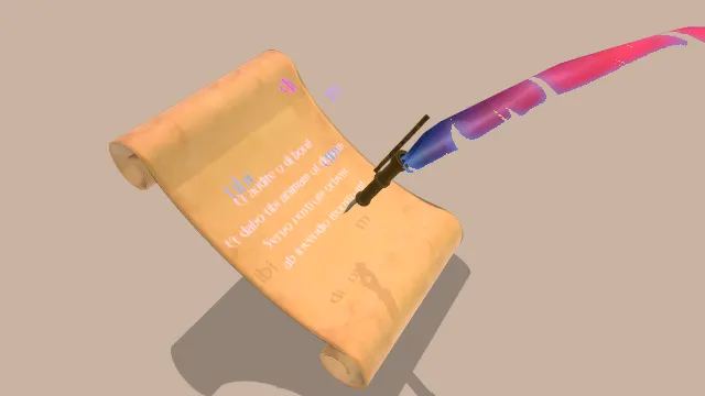 风格化魔法卷轴和羽毛笔道具模型