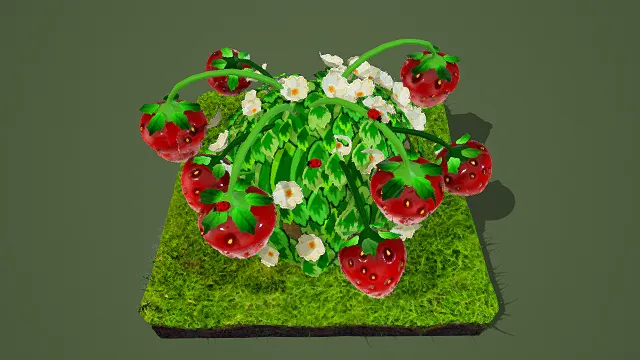 卡通风格3D草莓植株模型，创意设计（卡通草莓植株、3D模型、绿红白主色调、草莓果实、绿叶藤蔓、白色小花、绿色草地基台）