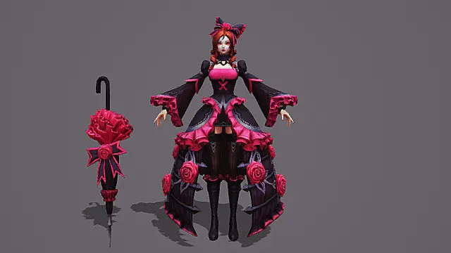 玫瑰猫耳魔姬：黑粉暗黑洛丽塔法刺套装
