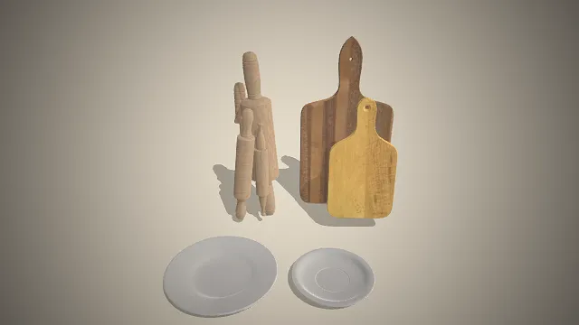 一组木质擀面杖,砧板和白色陶瓷餐盘的3D模型