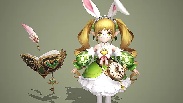 兔耳精灵少女角色模型带魔法书羽毛笔套装