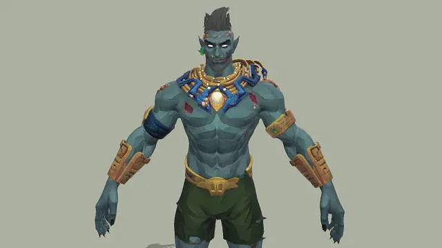 3D卡通风格蓝肤战士角色模型，创意设计（3D角色、卡通风格、奇幻风，角色设计主题）