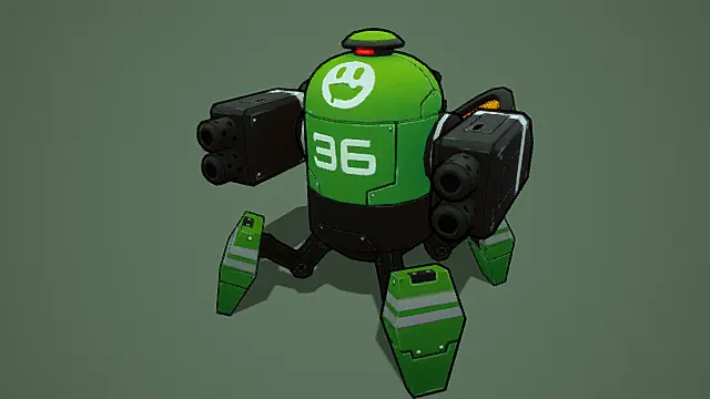 卡通风格3D机器人模型，创意设计（卡通机器人、3D模型、绿色主体、黑色部件、灰色背景、趣味造型 ）