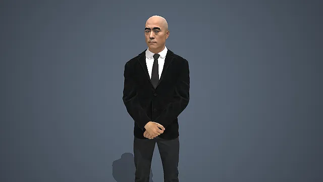 光头穿黑色西装双手交握站立的商务男性写实模型