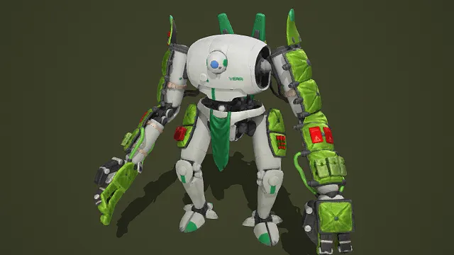 3D卡通风格白绿系科幻机甲模型，创意设计（3D机甲、卡通风格、科幻未来风，机甲设计主题）