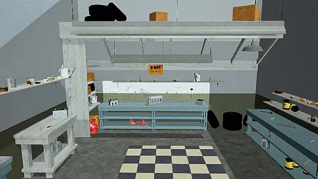 现代风格工业风工作间3D模型，场景构建（工业风工作间、现代风格、双层结构、多样工具、场景还原 ）
