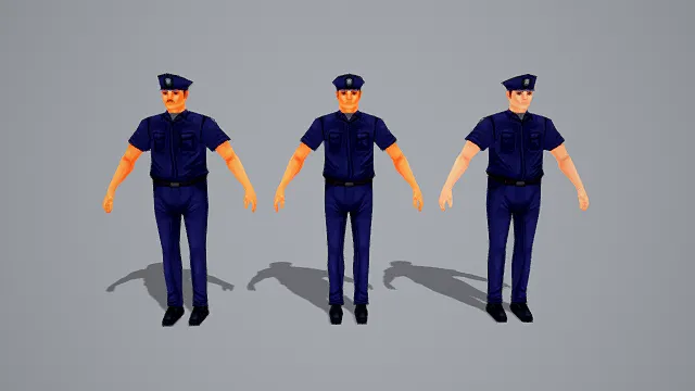 3D卡通风警察角色模型组合，创意设计（3D角色、卡通风格、干练威严，职业主题，角色元素）