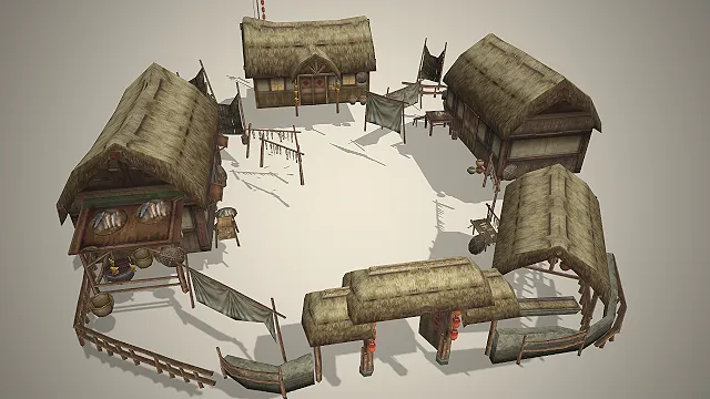 古风渔村  茅草屋民居  石基草顶  古风场景