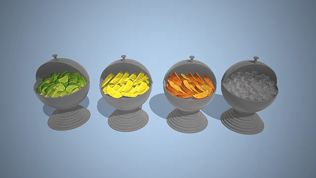 一组写实风格的，吧台球形水果台3D模型