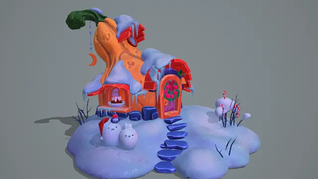 3D卡通风格冬日南瓜屋场景模型，创意设计（3D场景、卡通风格、童话温馨风，节日场景主题）