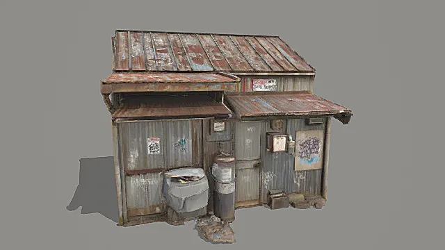 废土简陋风金属板棚屋3D模型