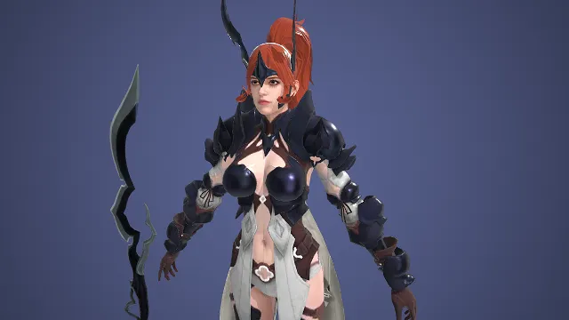 游戏女角色  高马尾  女妖  魔使  角饰战装  暗黑铠甲  弯刀武器  暗黑系