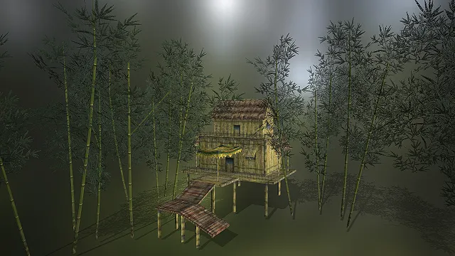 一个原生态风格的3D双层竹楼模型，充满热带野外的自然质感