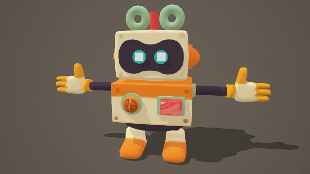3D卡通风格橙绿系萌系机器人模型，创意设计（3D机器人、卡通风格、可爱风，机器人设计主题）