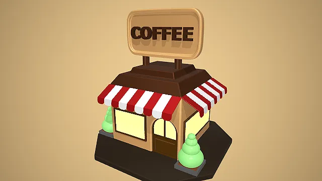 卡通风格单层咖啡店 3D 低多边形城市场景装饰模型