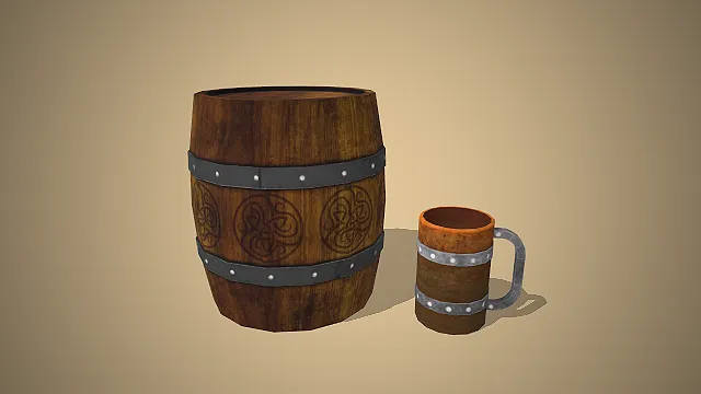 一套中世纪风格的，写实做旧酒桶杯具3D模型