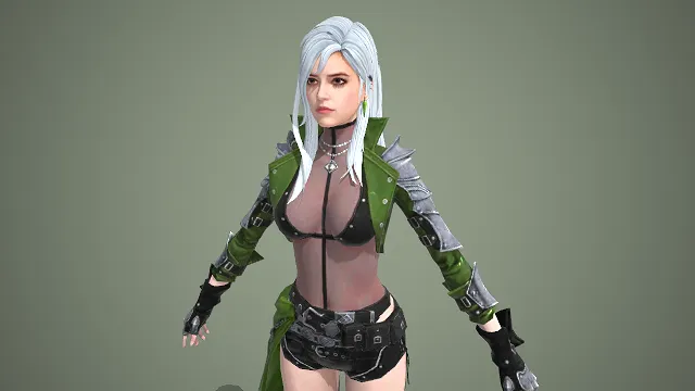 暗黑系造型  机甲风服饰  金属装饰  银发  游戏女角色  尖刺肩甲