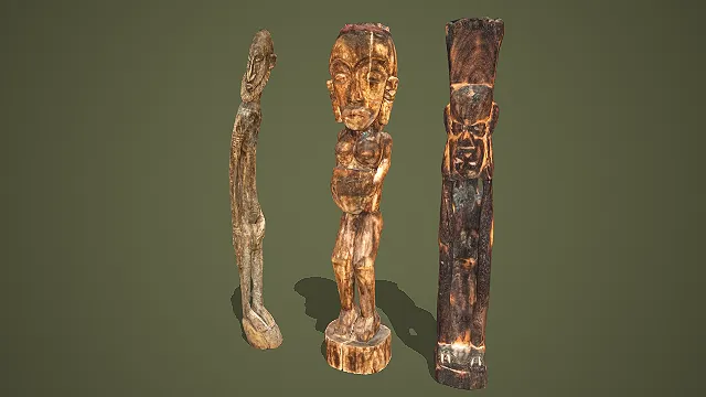 非洲部落风格三像木雕组合（孕态女性 + 立姿人像 + 容器人像）3D 模型