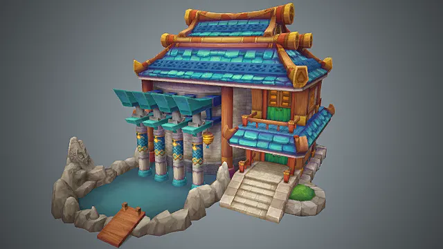 Q 版仙侠游戏幻水云亭议事建筑模型 