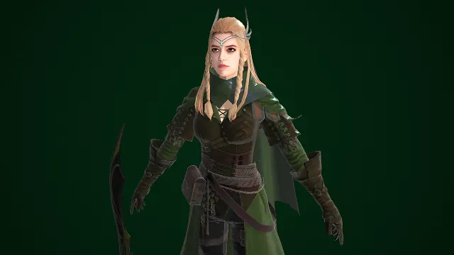 游侠风格  女性 3D 角色模型  绿褐战甲  精灵尖耳  奇幻冒险  森林场景