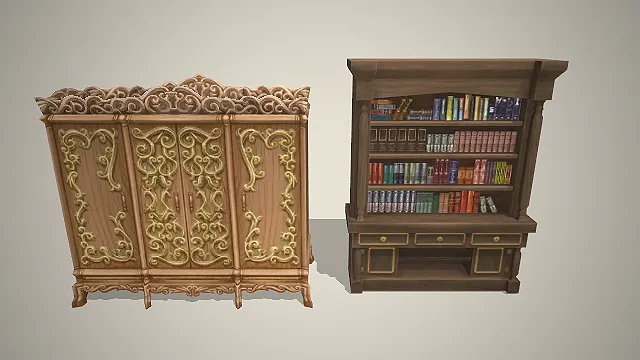 雕花衣柜  家具模型  实木描金书柜  贵族书房家具