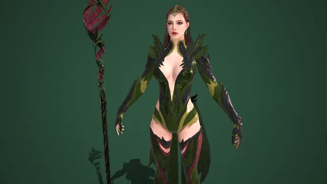 女祭司  自然系  镂空战甲  魔藤法杖  绿黑撞色  3D 女性角色模型  森系女角