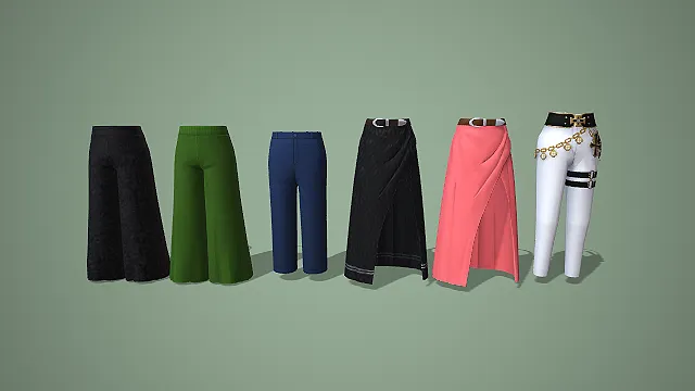 暗纹阔腿裤与开衩裙及十字装饰皮裤六件套 3D 模型