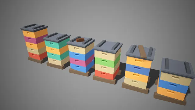 低多边形  多彩蜂箱  分层木质结构  多色板块拼接  侧面出入口  养殖设施  田园农场