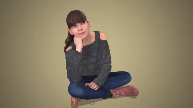 灰露肩毛衣牛仔裤女士盘腿托腮坐姿 3D 模型