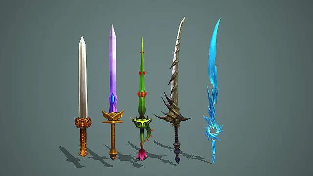 五款不同风格魔幻长剑武器道具模型