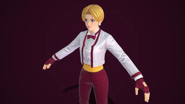 动漫风格  3D 女性角色建模  金发短发造型  时尚感  清爽  酒红领结  干练装束  休闲