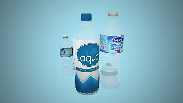 一组不同品牌和规格的瓶装水3D模型，日常便携的饮用组合