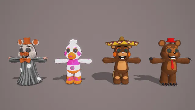 3D卡通风玩具熊的五夜后宫角色组合模型，创意设计（3D角色组合、卡通风格、多彩主色调、四只角色造型）