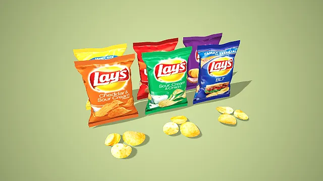 卡通风格多口味乐事薯片组合 3D 低多边形零食场景装饰模型