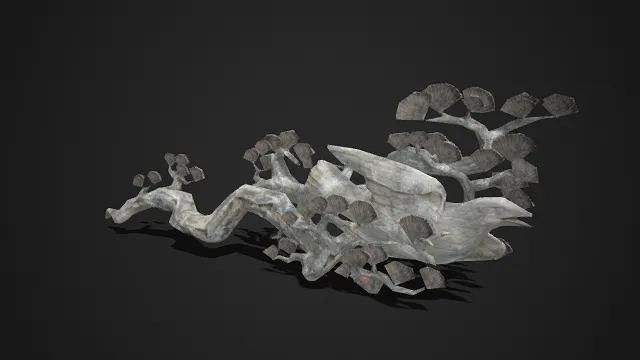 石雕摆件  仿松枝造型  蜿蜒苍劲  扇形松叶  形态写意灵动  古朴厚重  艺术装饰性  